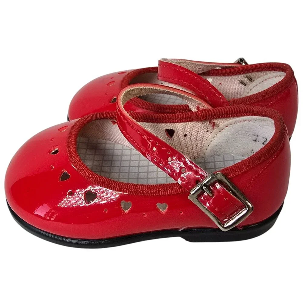 VTG Red Patent Leather Look Baby Girl Mary Jane Shoes Heart Cutouts Buckle USA